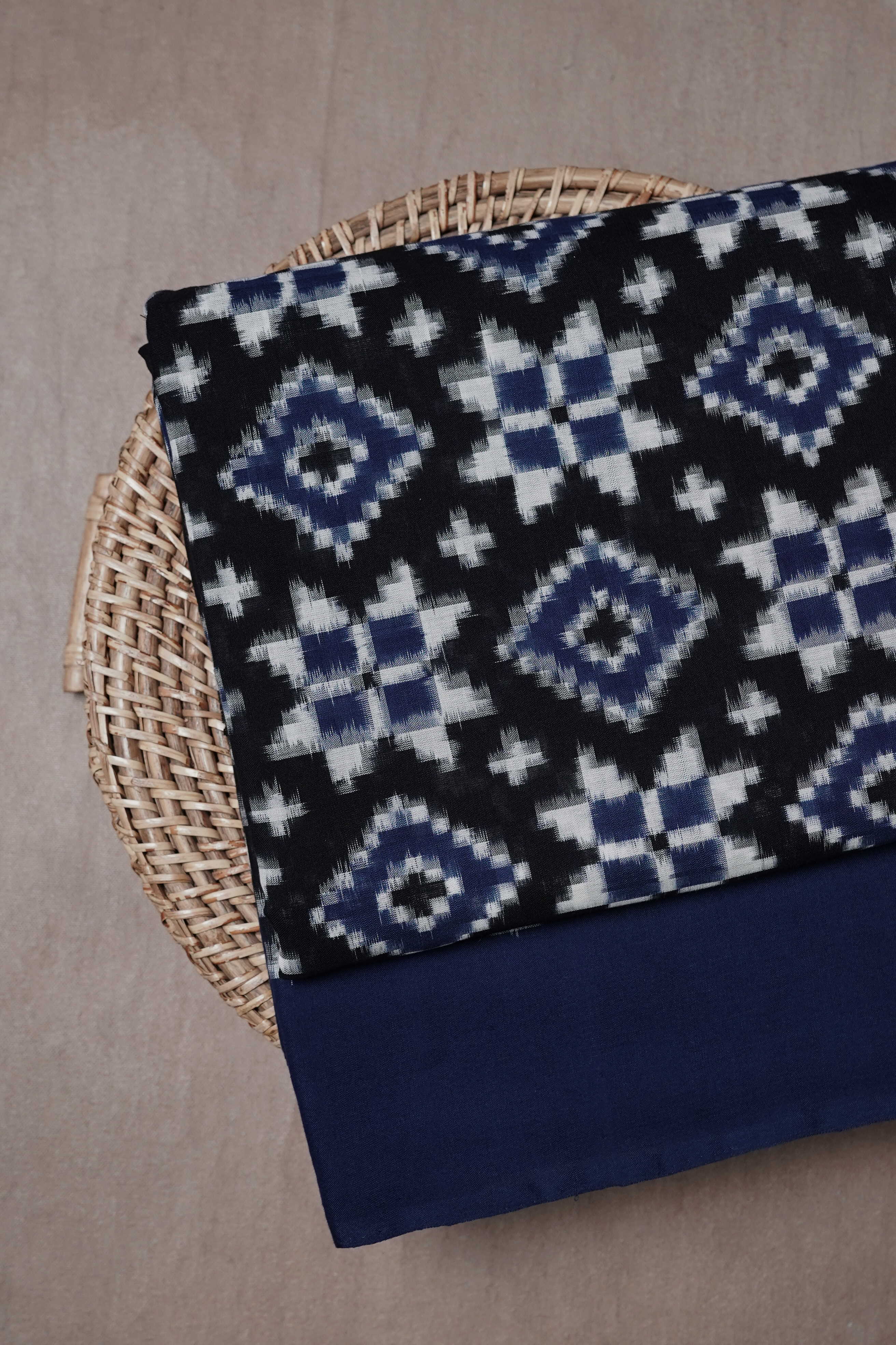Blue Border on Teliya Rual Ikat Cotton Fabric