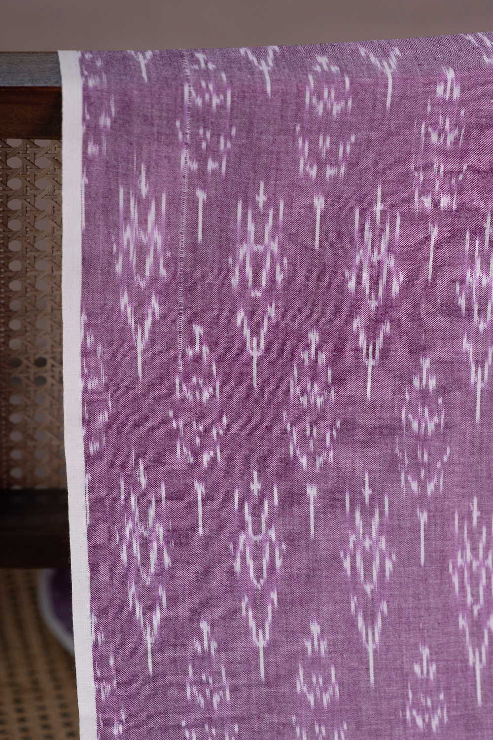 Cream Motifs on Purple Ikat Cotton Fabric - Image 2