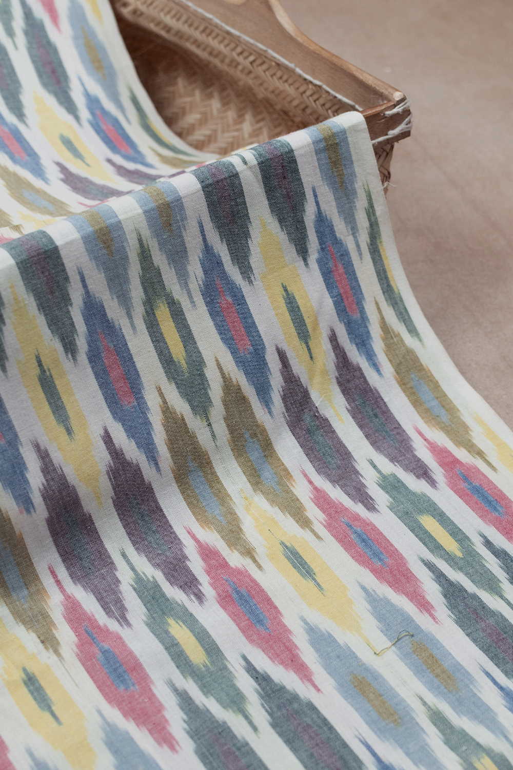 Multi-Color on Cream Ikat Cotton Fabric - Image 3