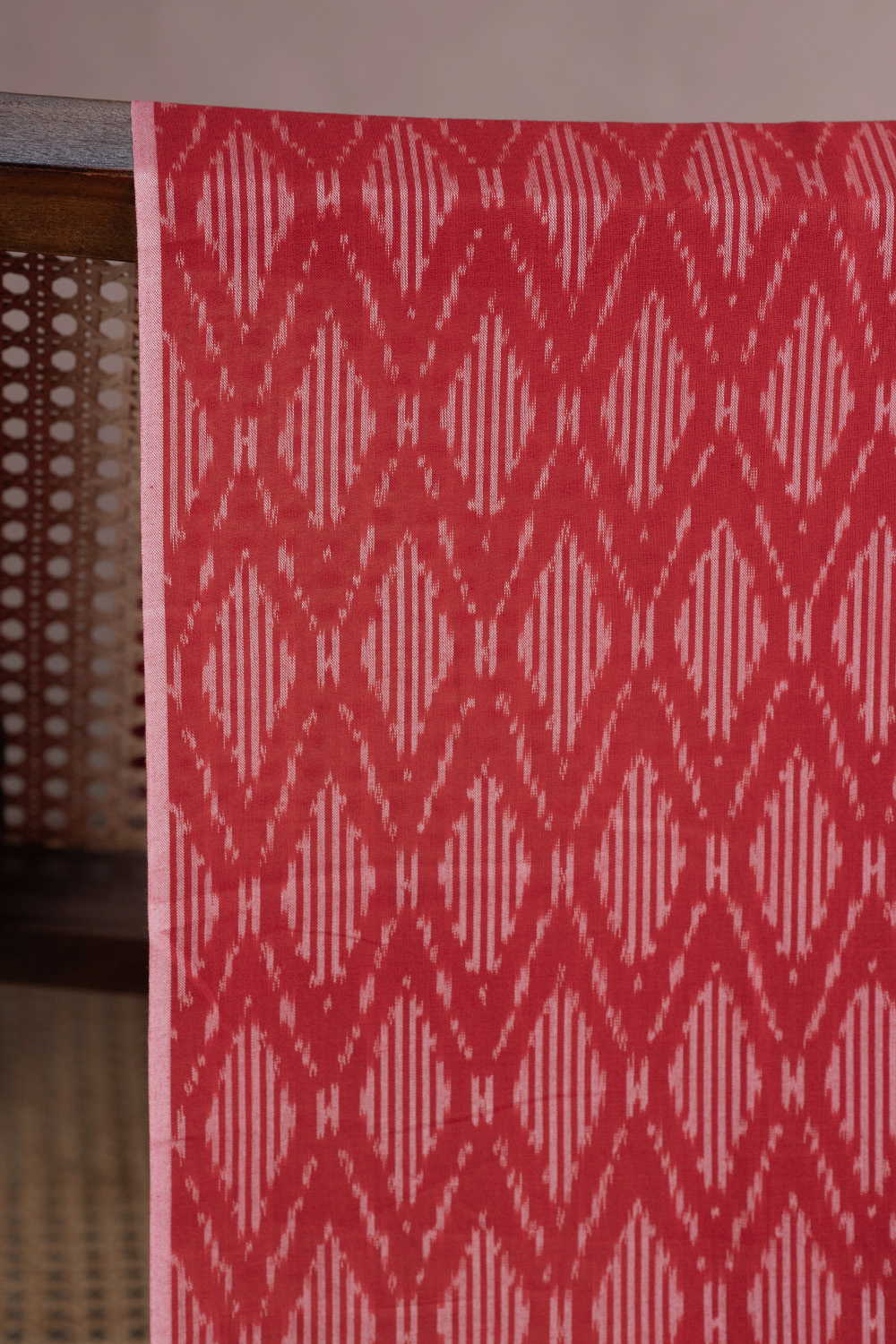 Diagonal Motifs on Red Mercerized Ikat Cotton Fabric - Image 2