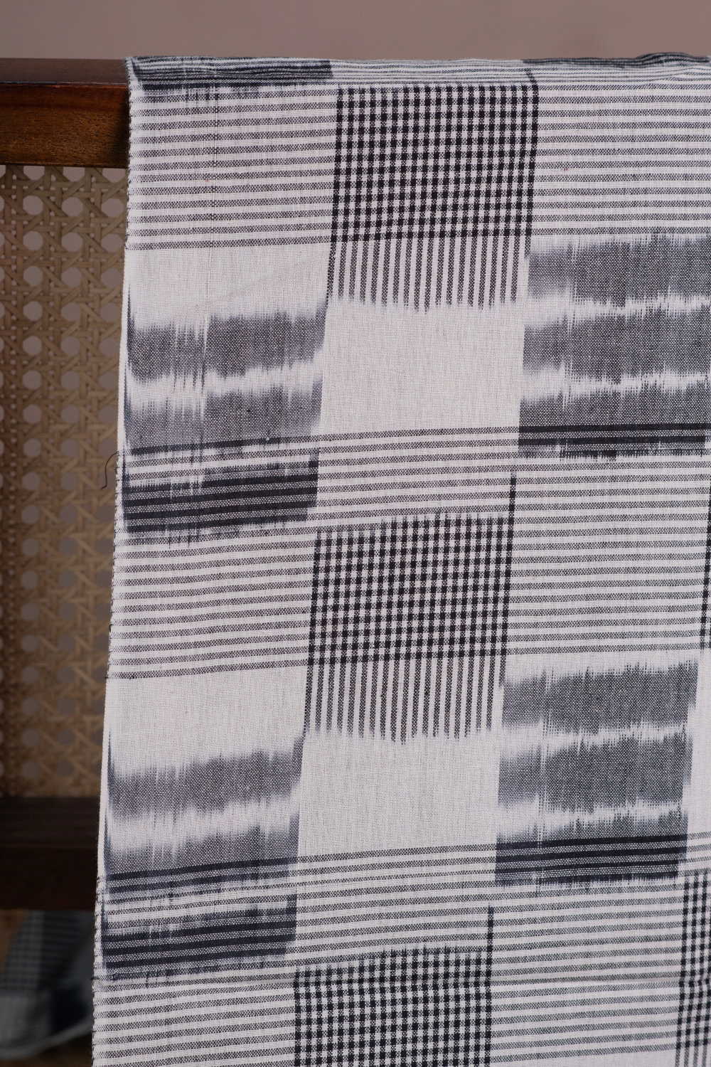 Graphite Checks Double Ikat Cotton Fabric