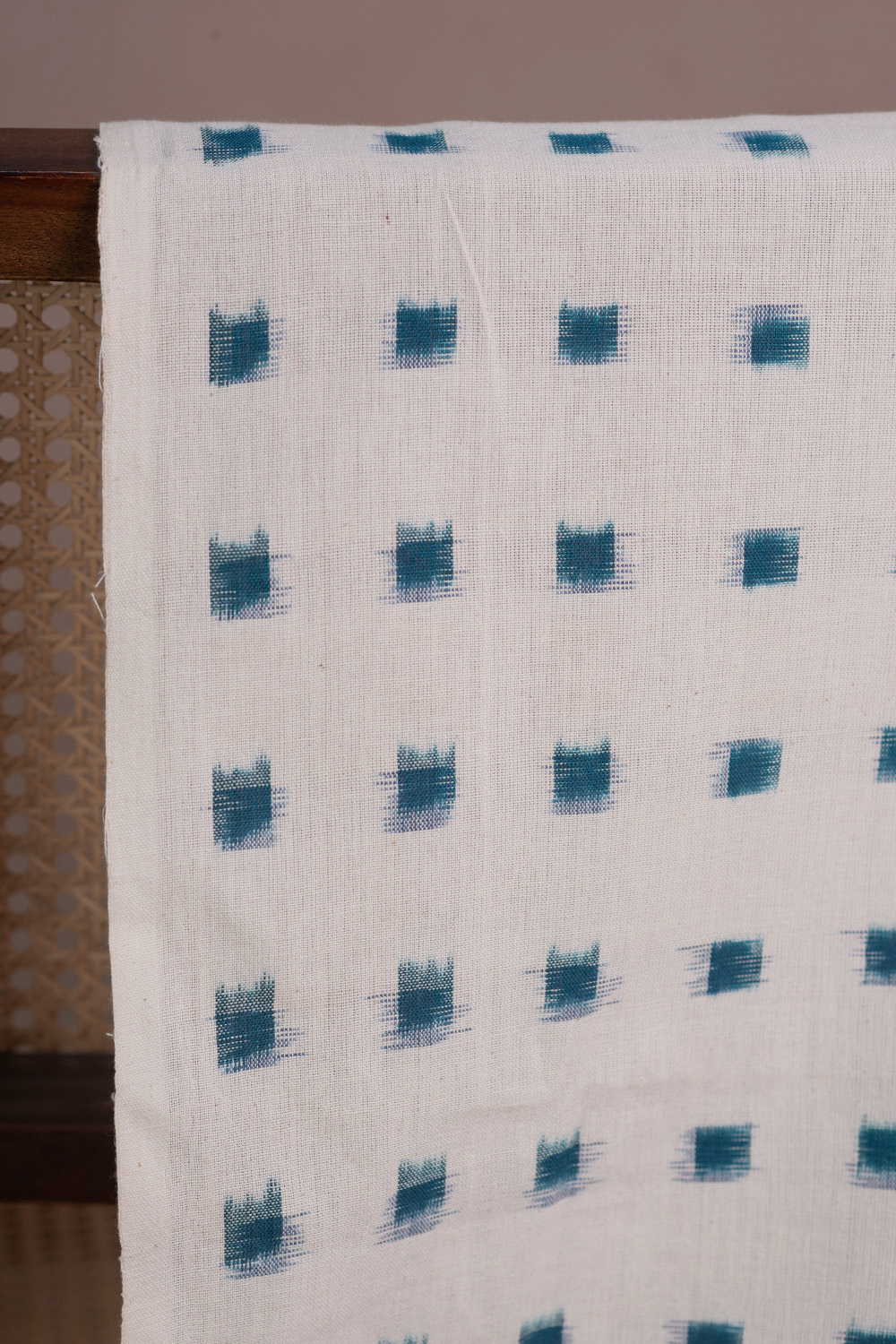 Cream with Green Square Butta Double Ikat Cotton Fabric