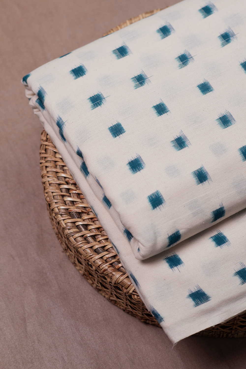 Cream with Green Square Butta Double Ikat Cotton Fabric - Image 2