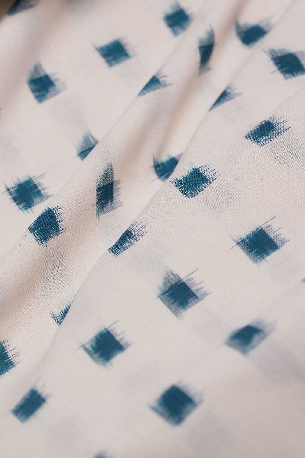 Cream with Green Square Butta Double Ikat Cotton Fabric - Image 3