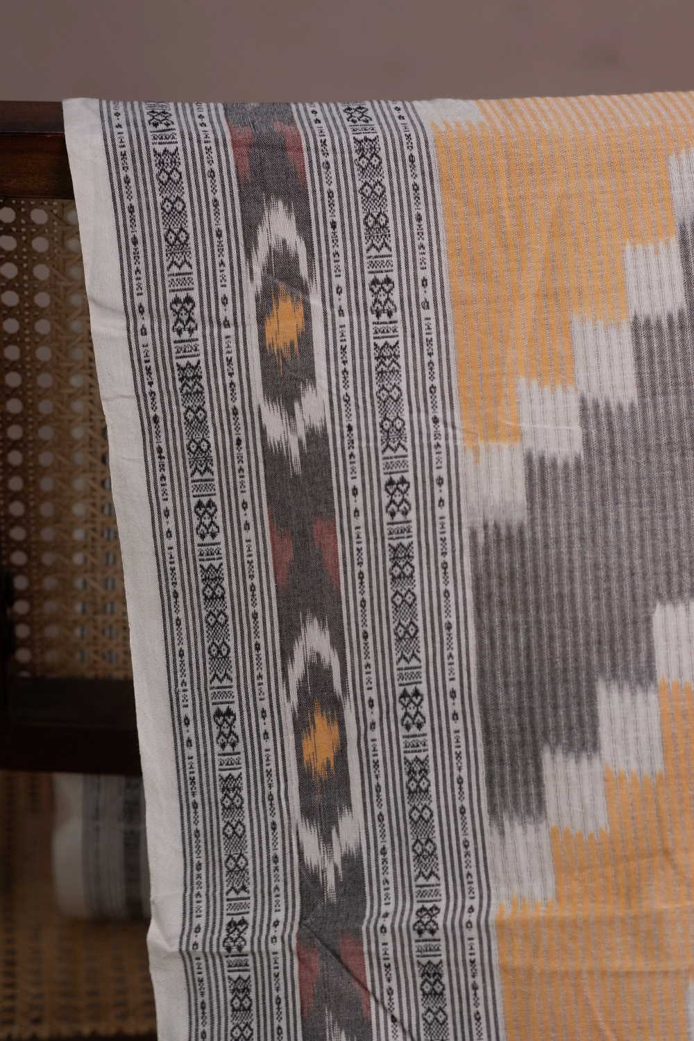 Yellow with Grey Missingweave Ikat Cotton Fabric - Image 3