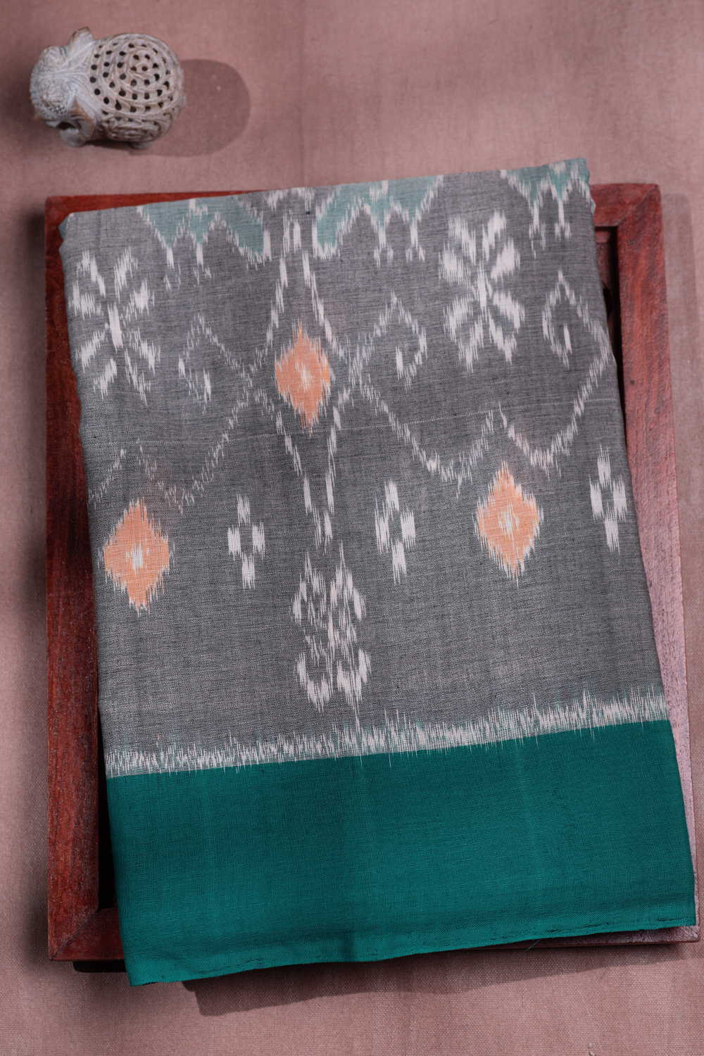 Light Grey with Green Border Ikat Cotton saree