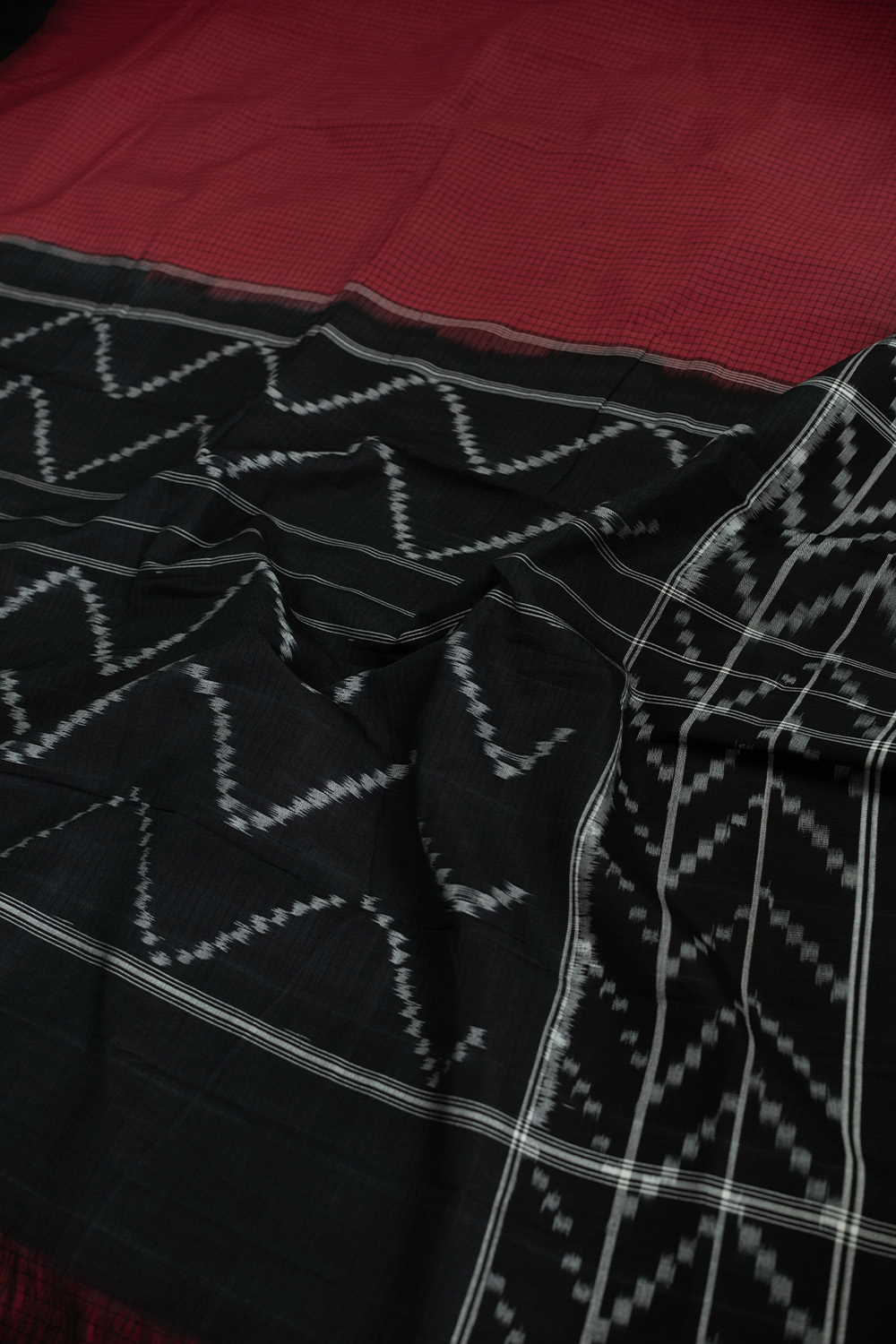 Maroon with Checkered Ikat Cotton saree - Image 3