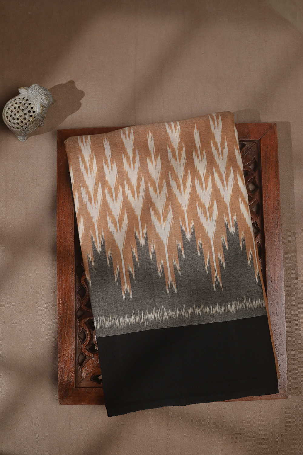 Beige with Black Border Ikat Cotton saree