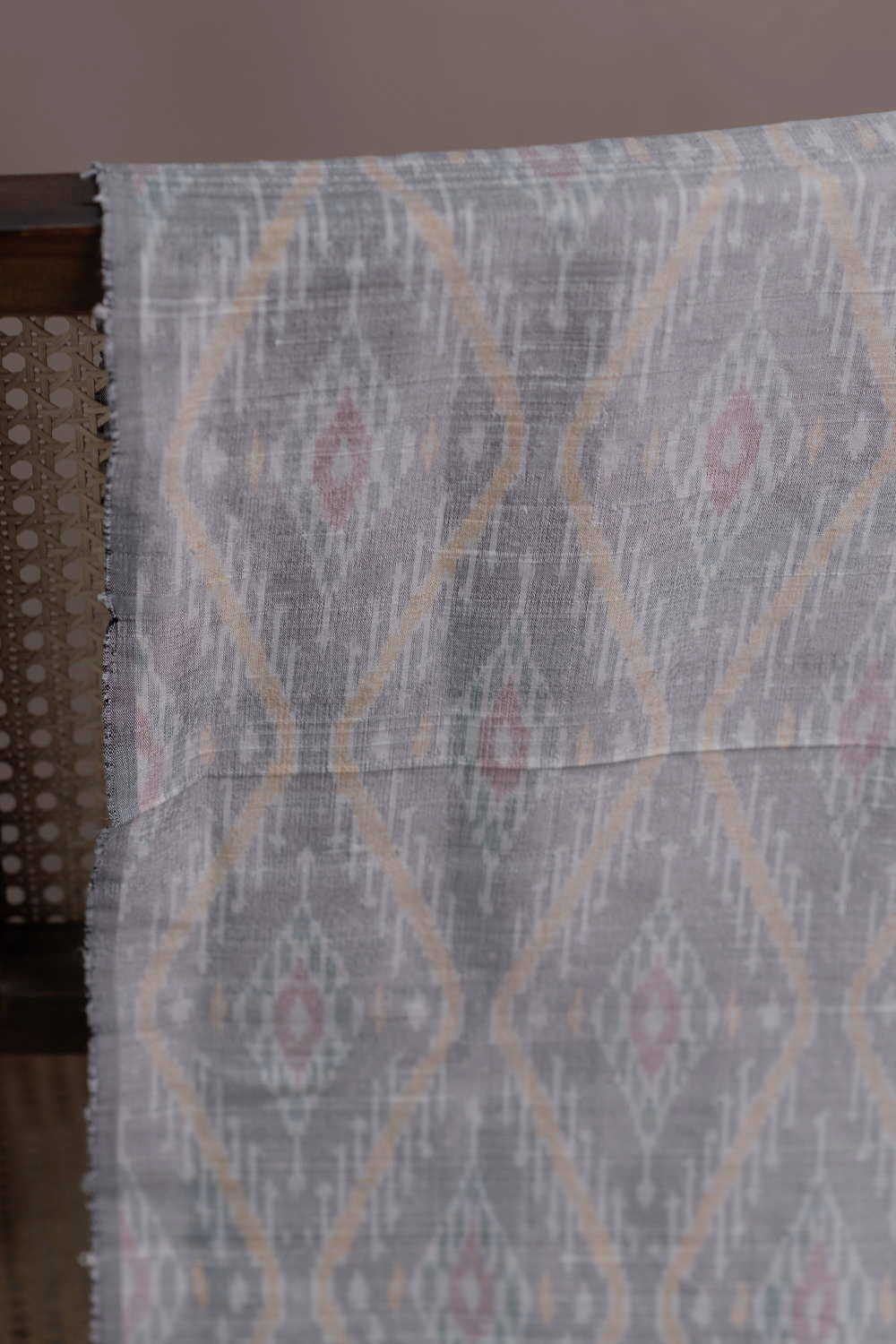 Patterned on Cream Ikat Raw Silk Fabric - Image 2