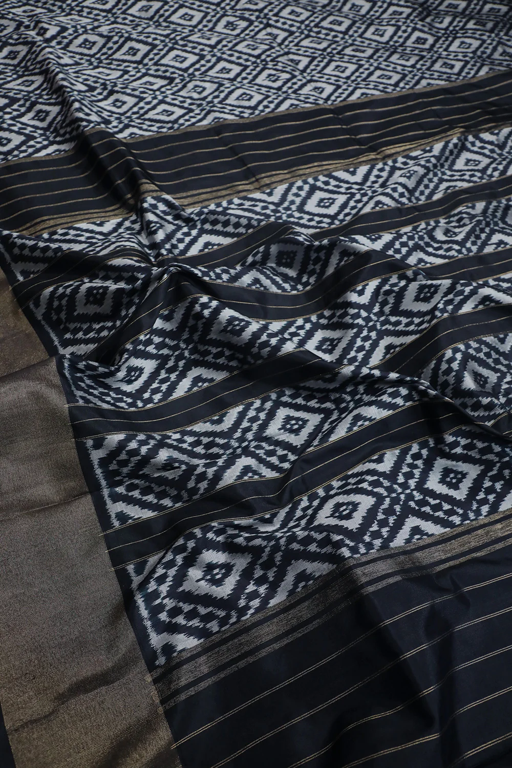 Grey Patterns on Black Ikat Silk saree - Image 3