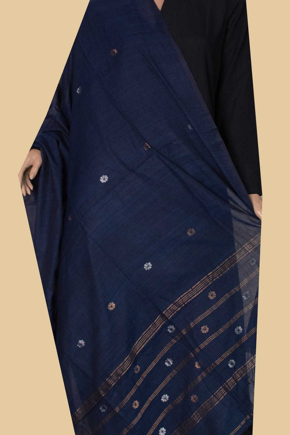Deep Blue - Floral Butta Jamdani Cotton Dupatta