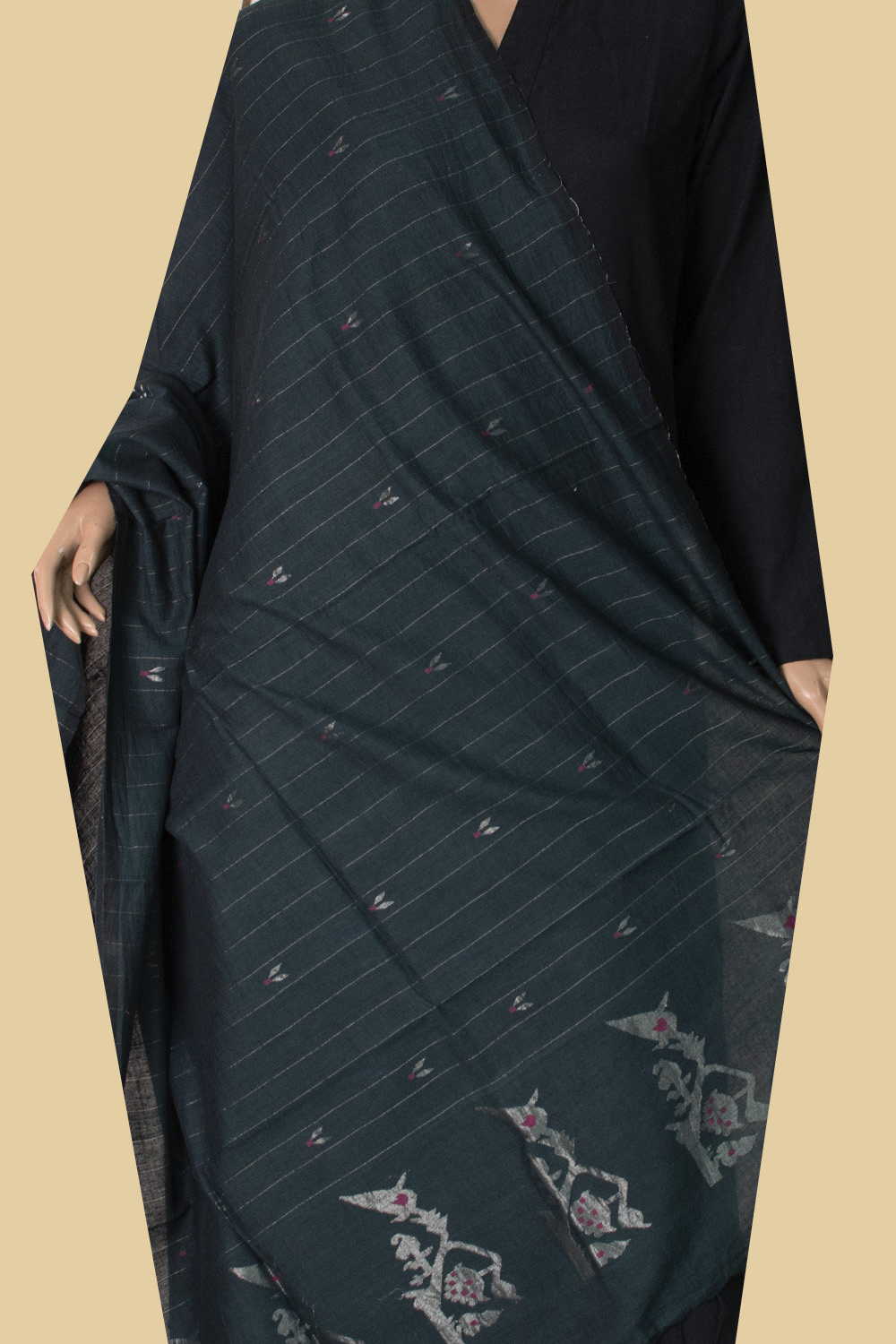 Green with Silver Zari Jamdani Cotton Dupatta