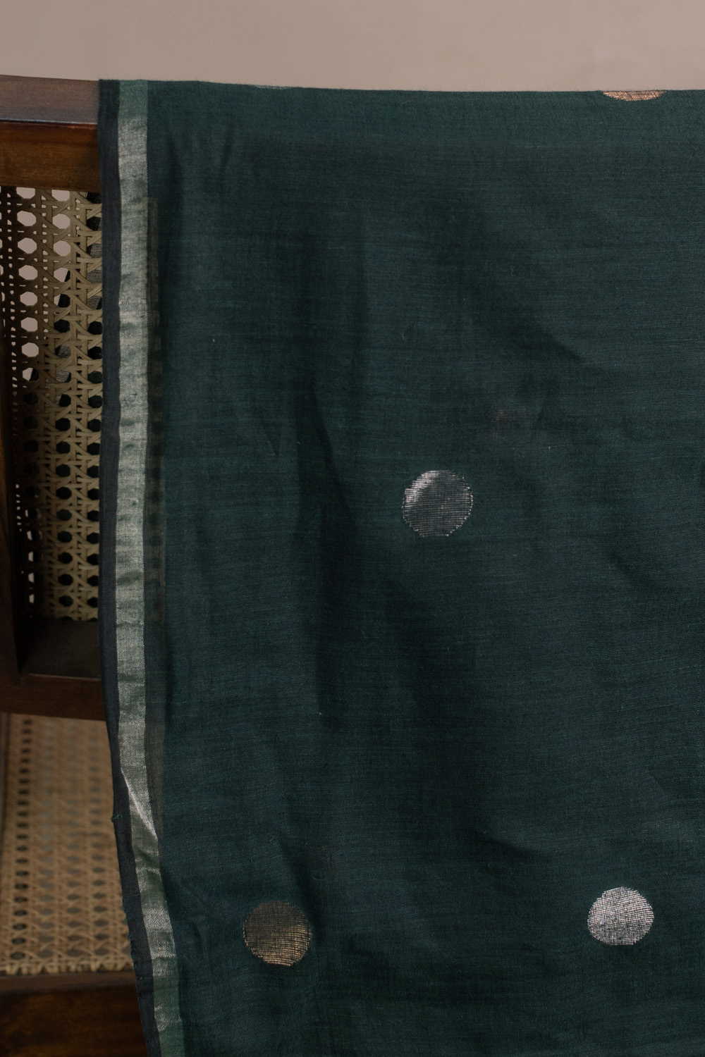Gold & Silver Polka - Black Mixed Green Jamdani Cotton Fabric - Image 2
