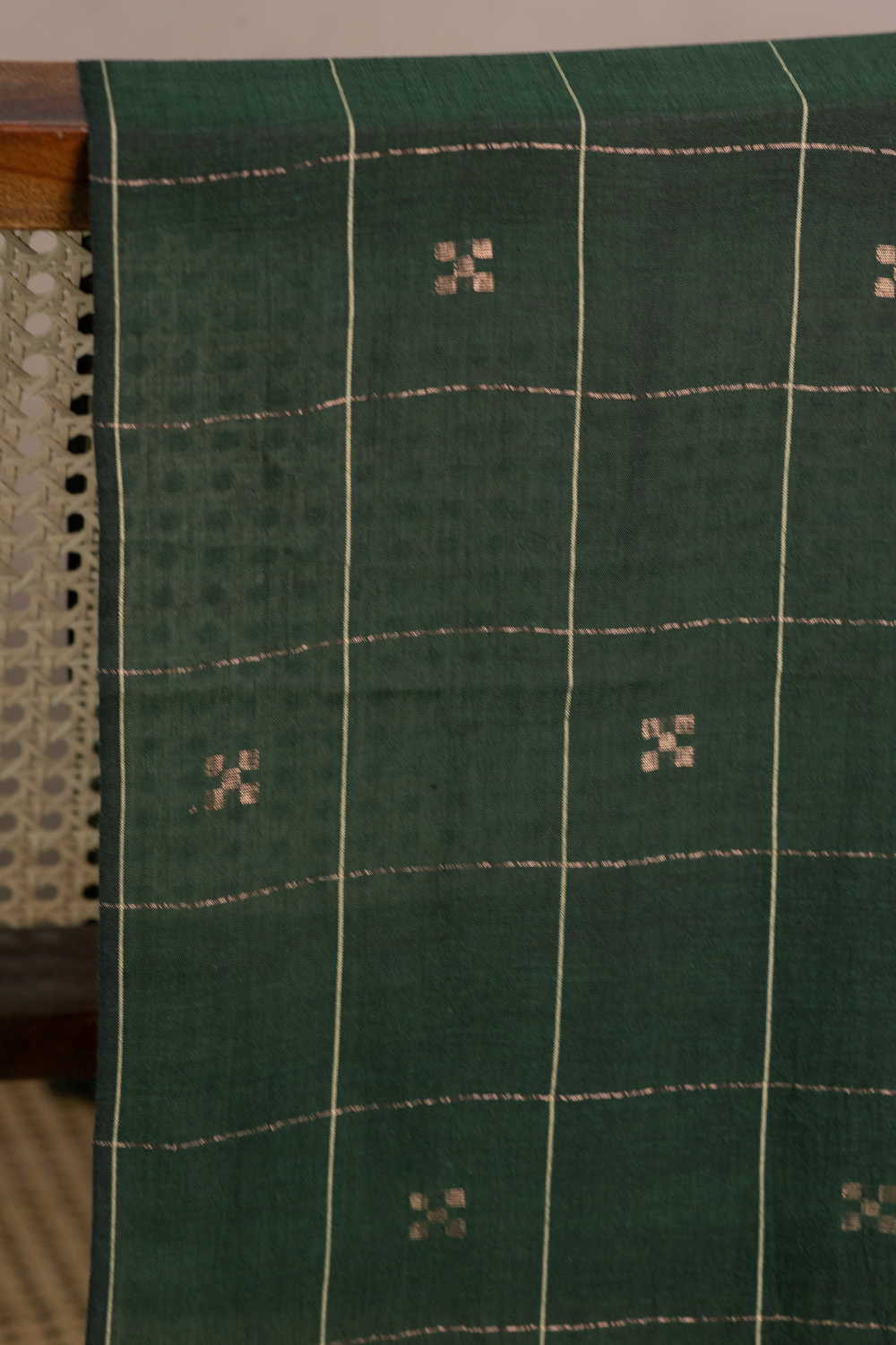 Bottle Green with Zari Butti Jamdani Cotton Fabric
