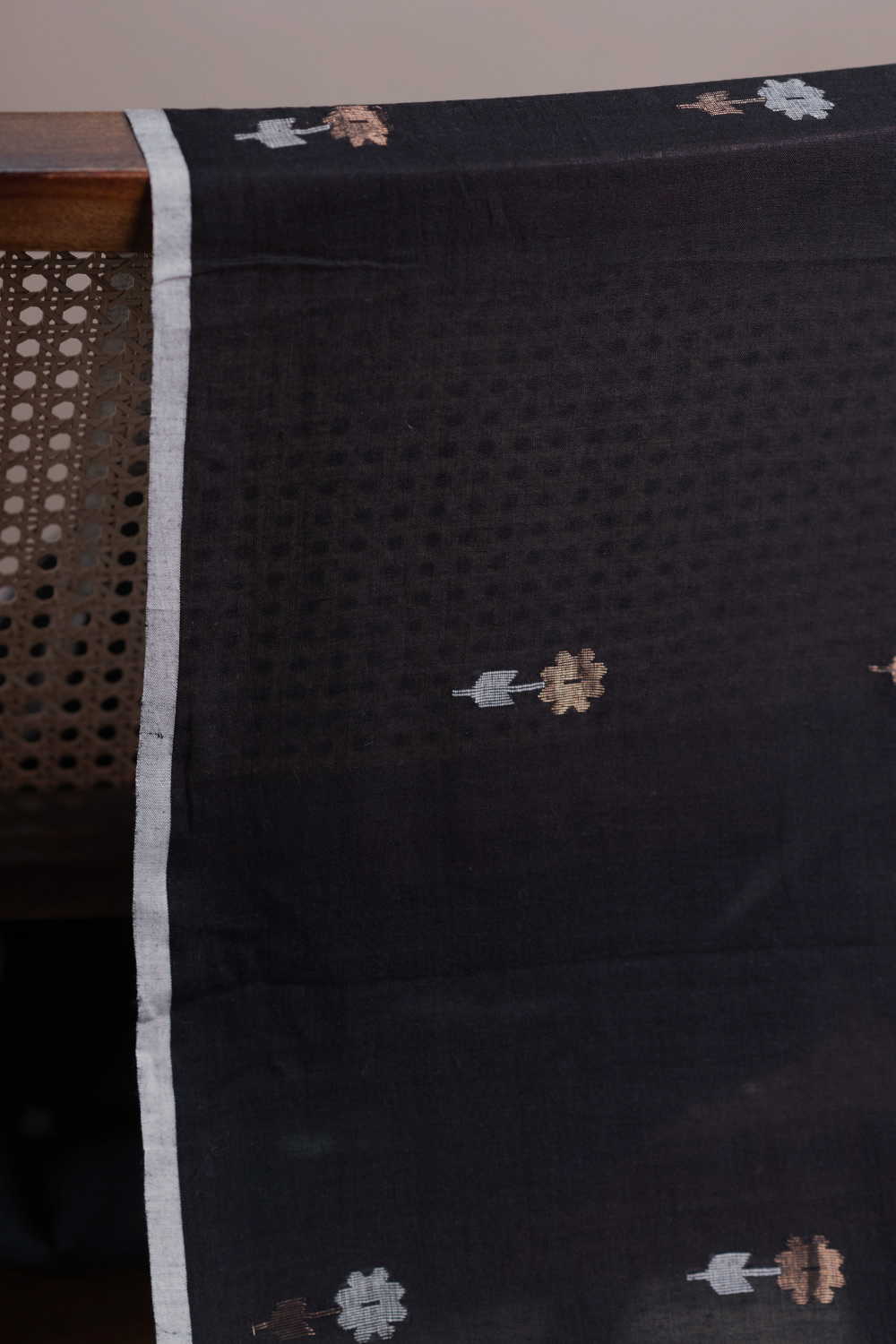 Zari Floral Butta - Black Jamdani Cotton Fabric