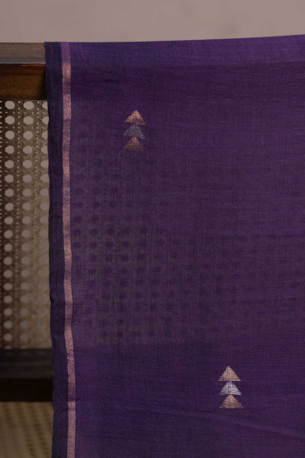 Dark Purple with Zari Arrow Butta Jamdani Cotton Fabric - Image 3