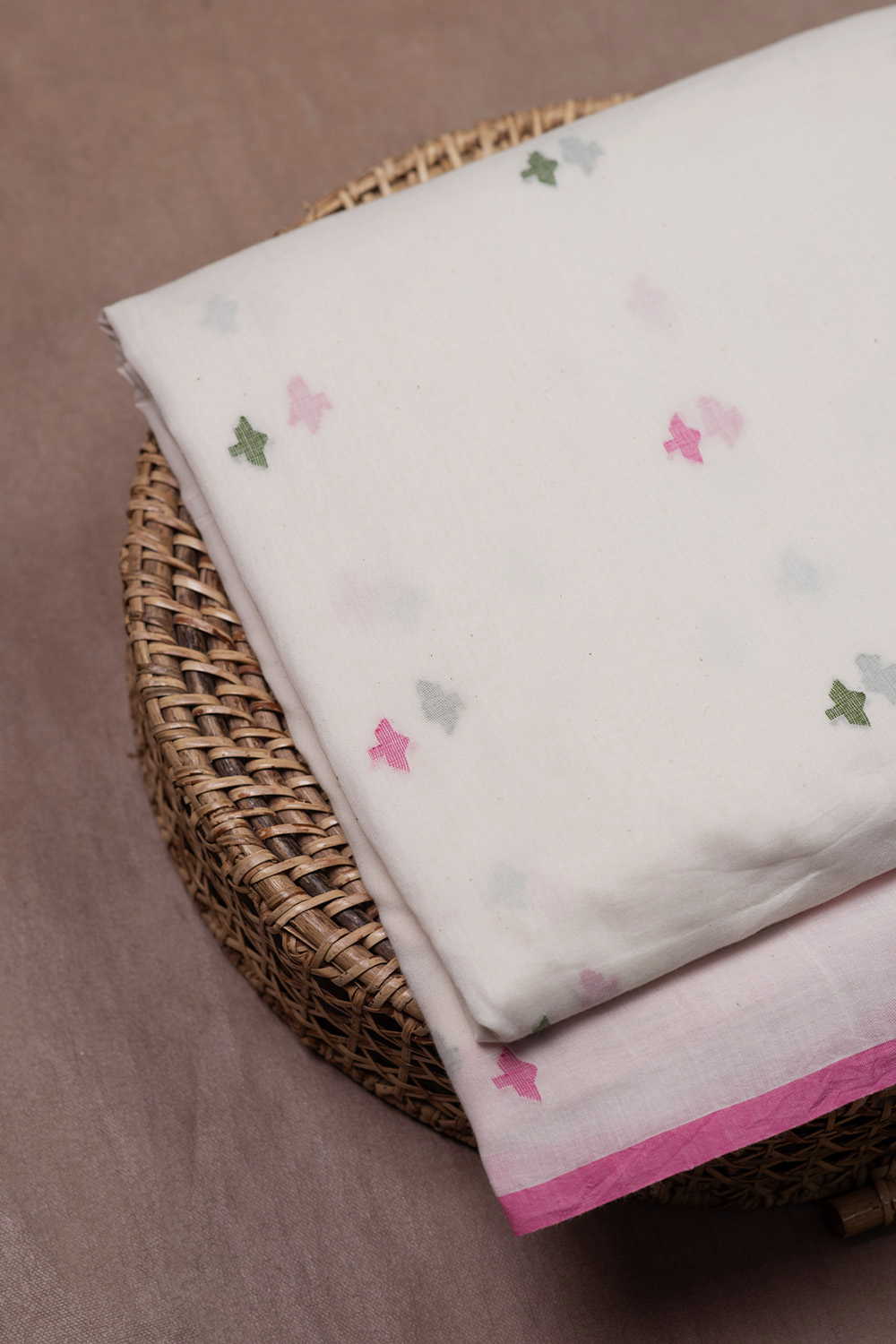 Pink & Green Buttas on Cream Jamdani Cotton Fabric - Image 2
