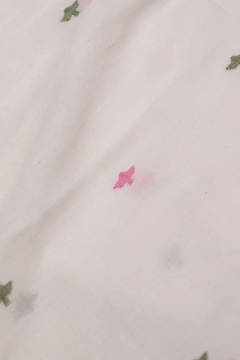 Pink & Green Buttas on Cream Jamdani Cotton Fabric - Image 3