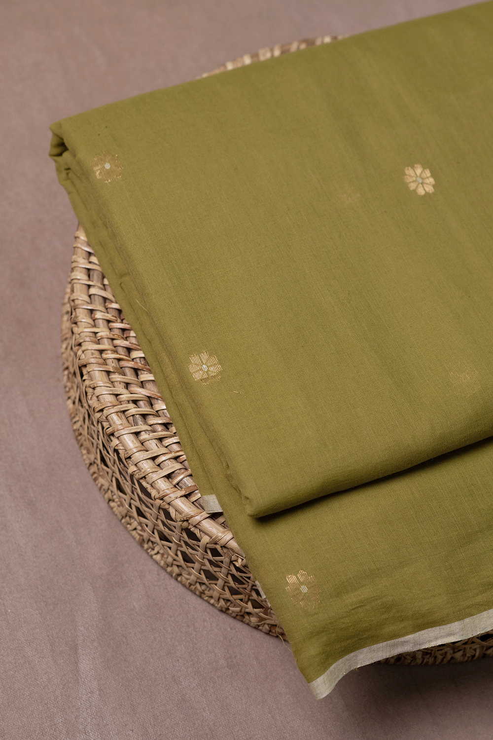 Zari Floral Butti - Green Jamdani Cotton Fabric