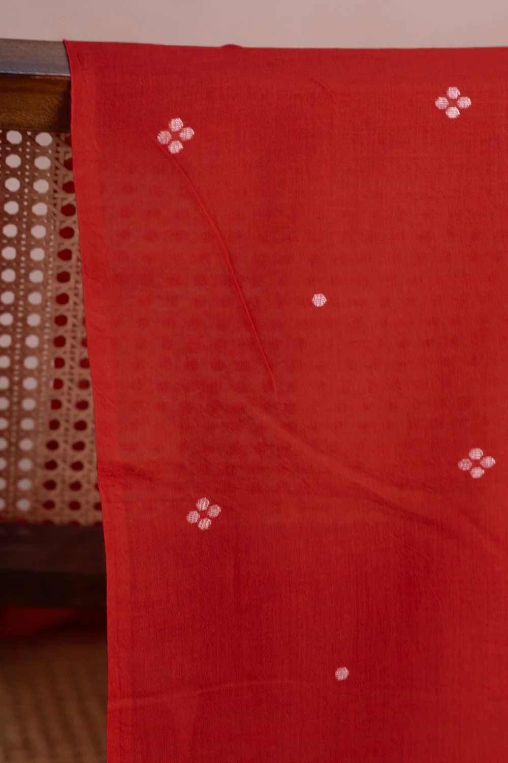 Cream Buttas on Dark Red Jamdani Cotton Fabric - Image 3