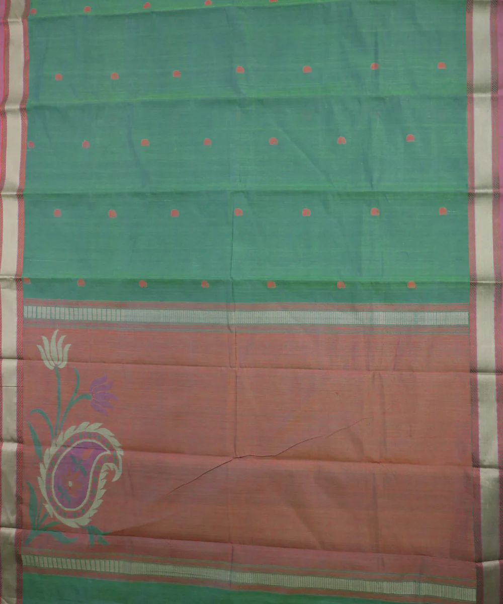 Dual Shaded Dark Green Handwoven Kanchi Cotton Saree - Image 2