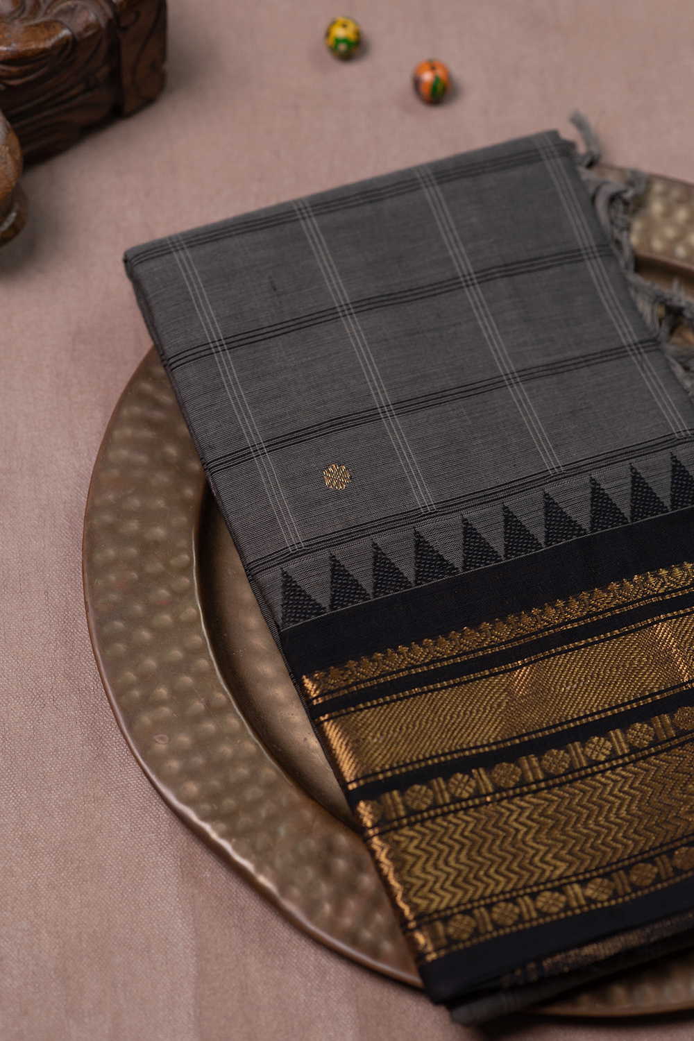 Checks on Grey Kanchipuram Cotton Dupatta