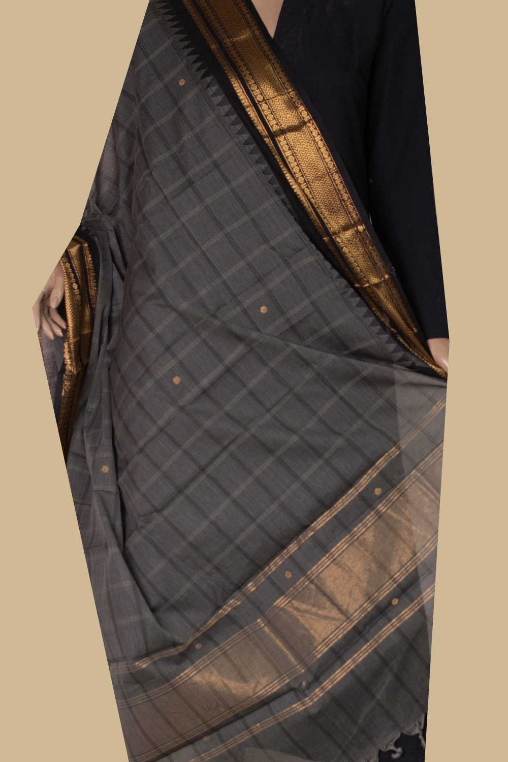 Checks on Grey Kanchipuram Cotton Dupatta - Image 2