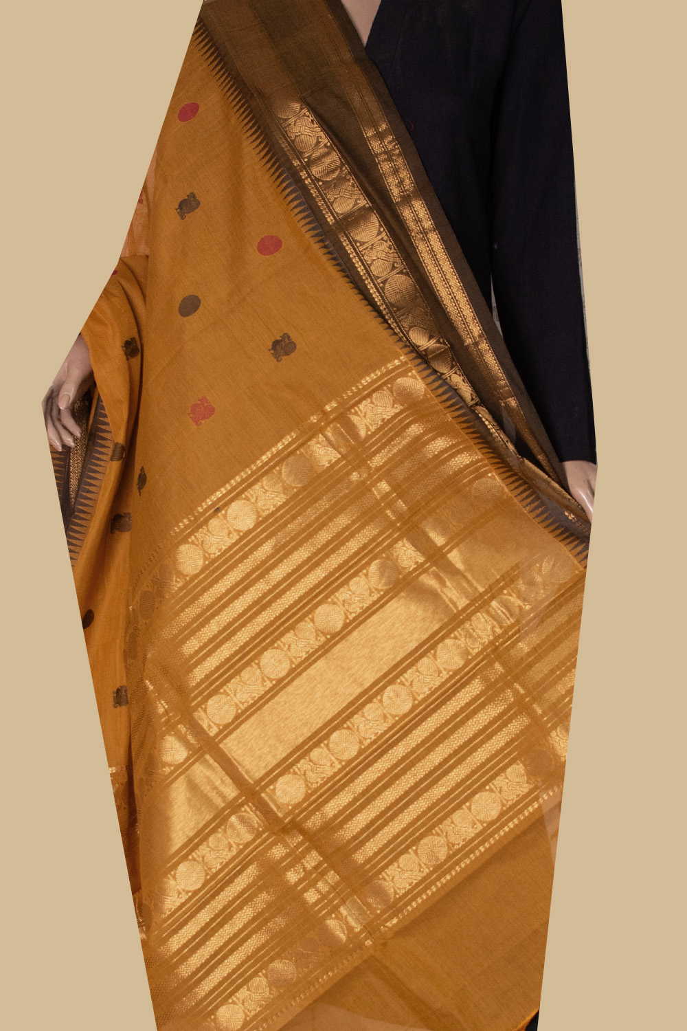 Zari Border with Yellow Kanchipuram Cotton Dupatta - Image 2