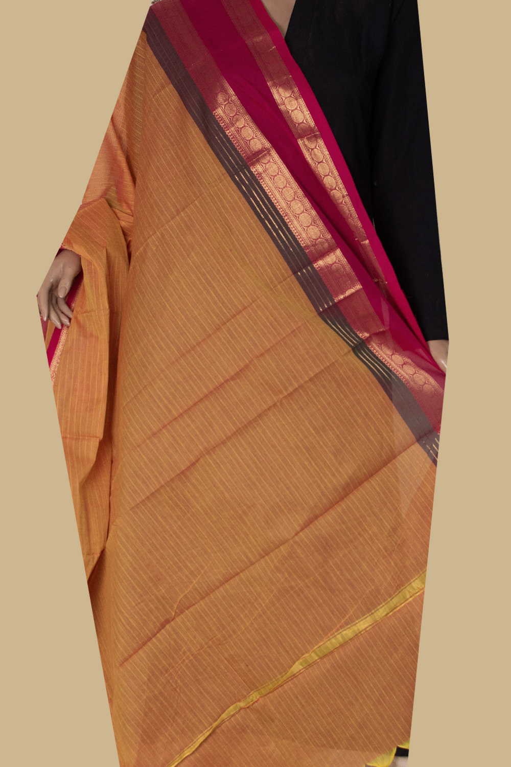 Dual Shaded Yellow Kanchipuram Cotton Dupatta - Image 2
