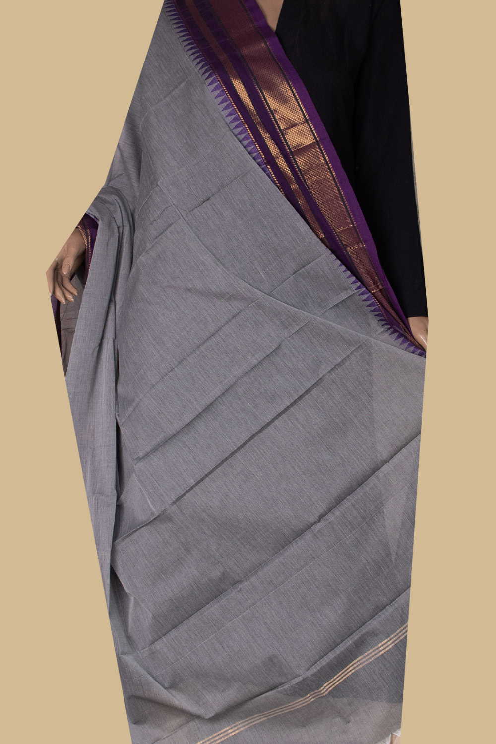 Purple Border with Grey Kanchipuram Cotton Dupatta - Image 2