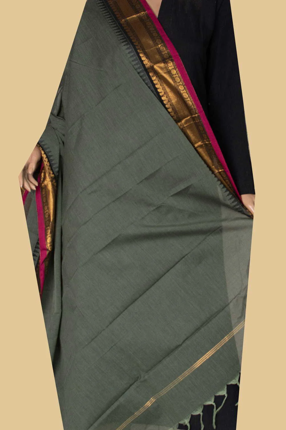 Green Shaded Kanchipuram Cotton Dupatta - Image 2