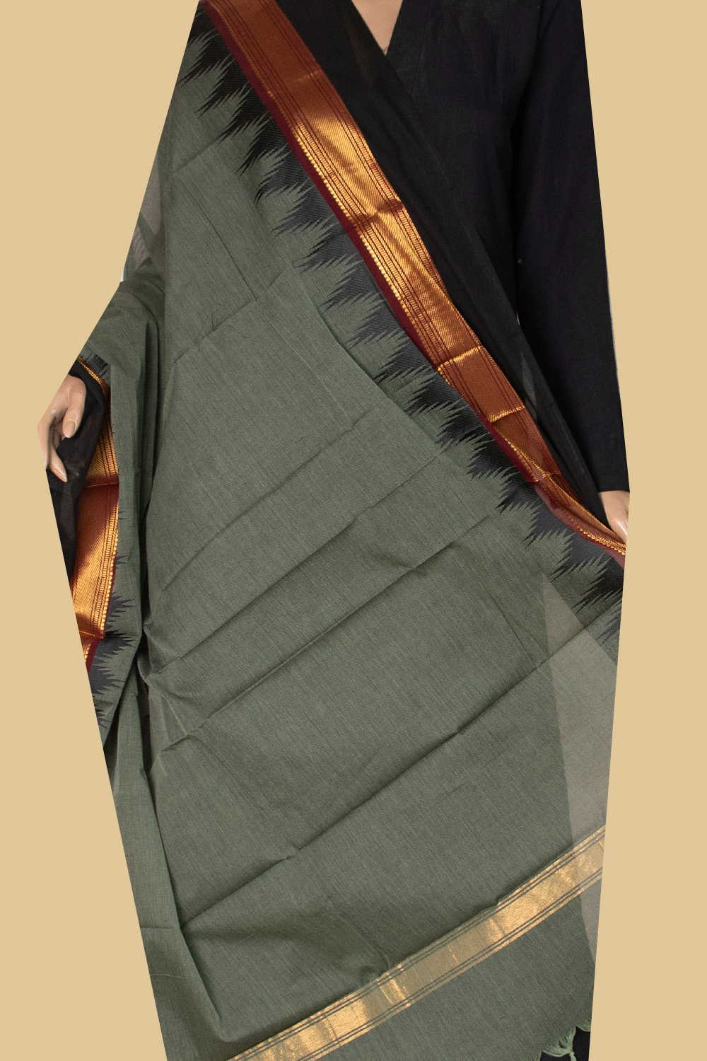 Green Shaded Kanchipuram Cotton Dupatta - Image 2