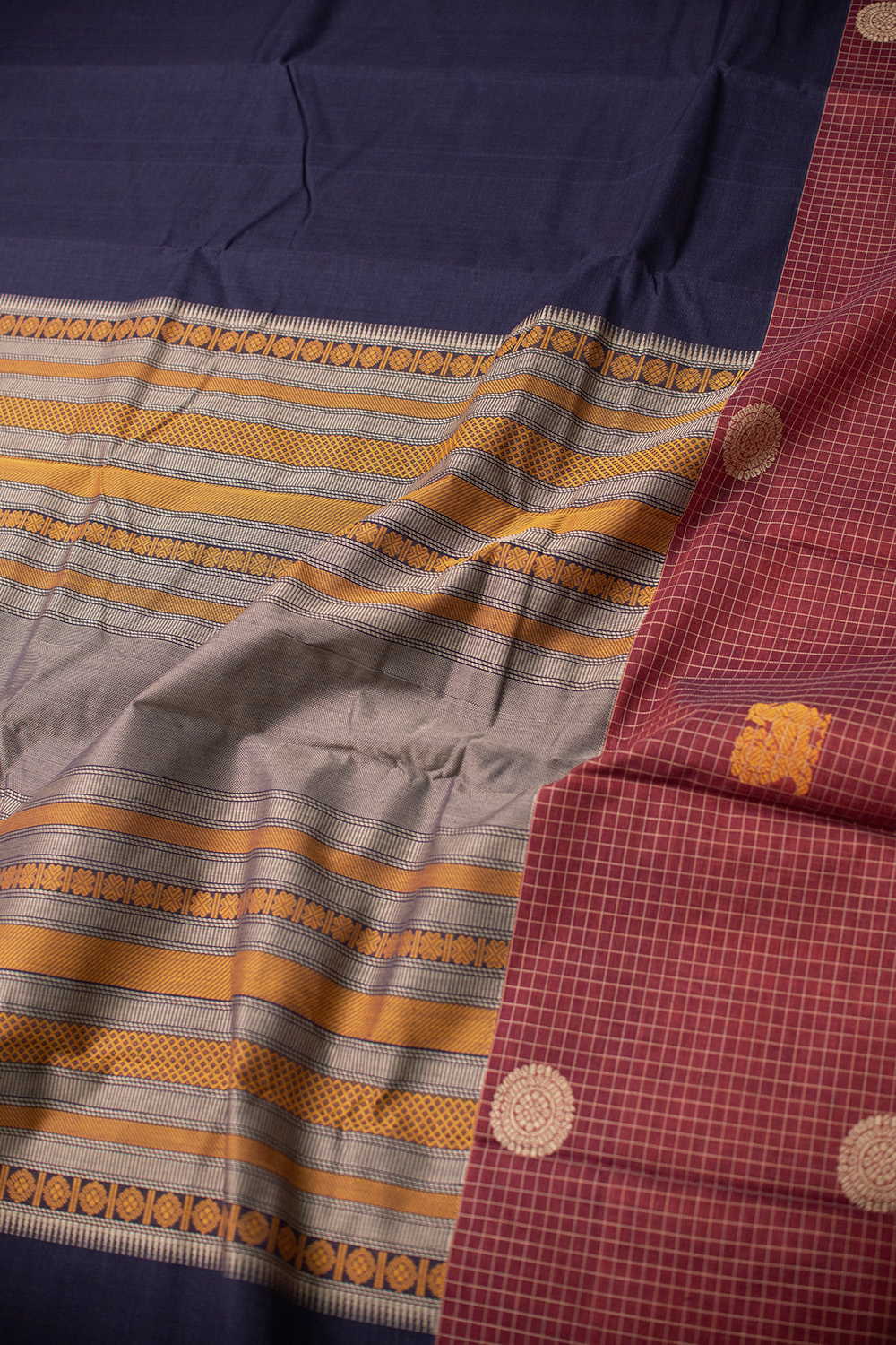 Checks Border with Navy Blue Kanchipuram Cotton saree - Image 3