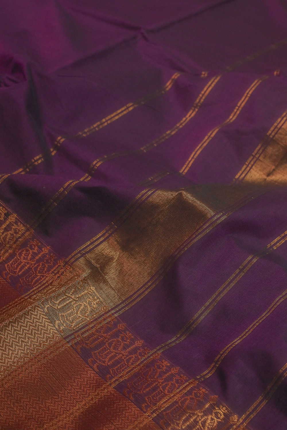 Deep Purple with Gold Zri Border Kanchipuram Cotton saree - Image 3