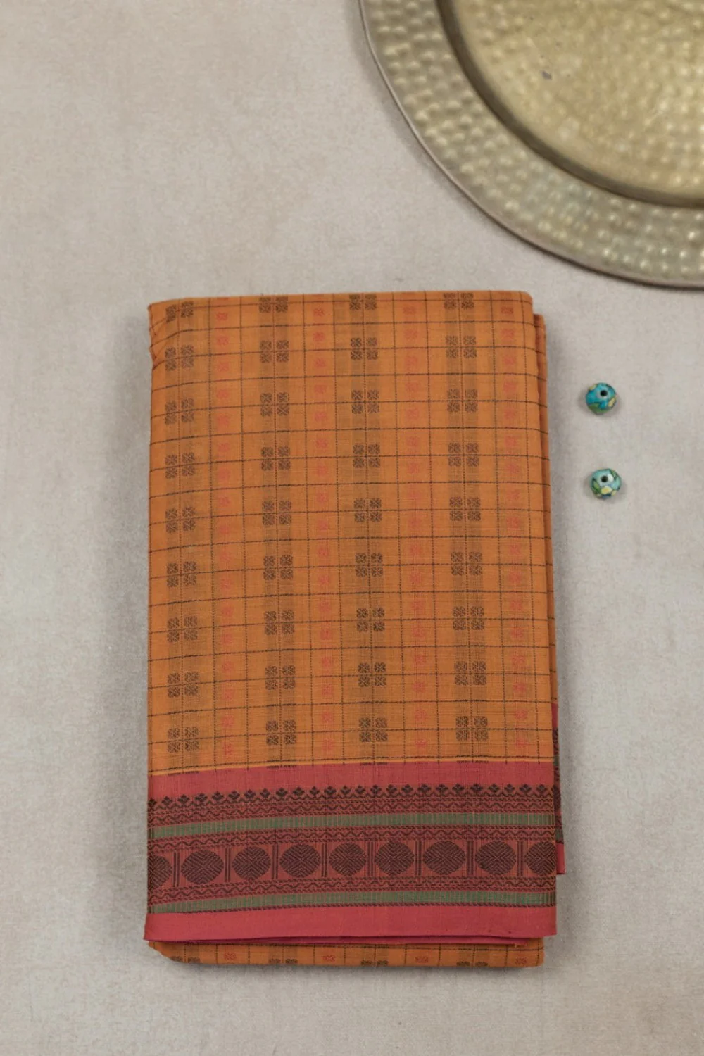 Tiger Orange with Checkered Kanchipuram Cotton saree