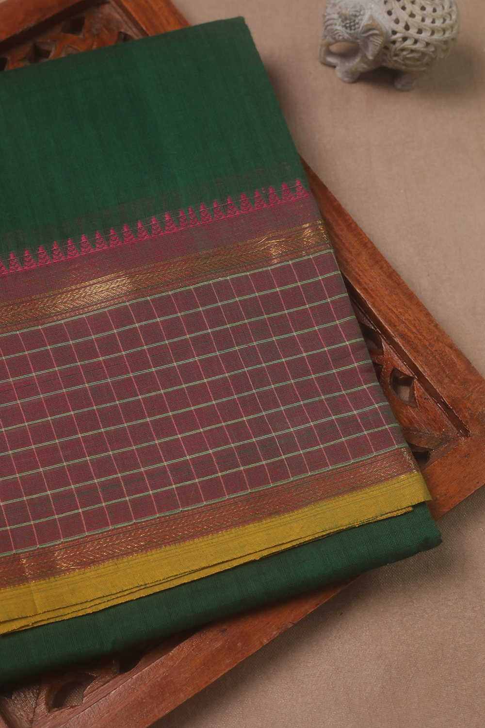Checks Border on Green Kanchipuram Cotton saree