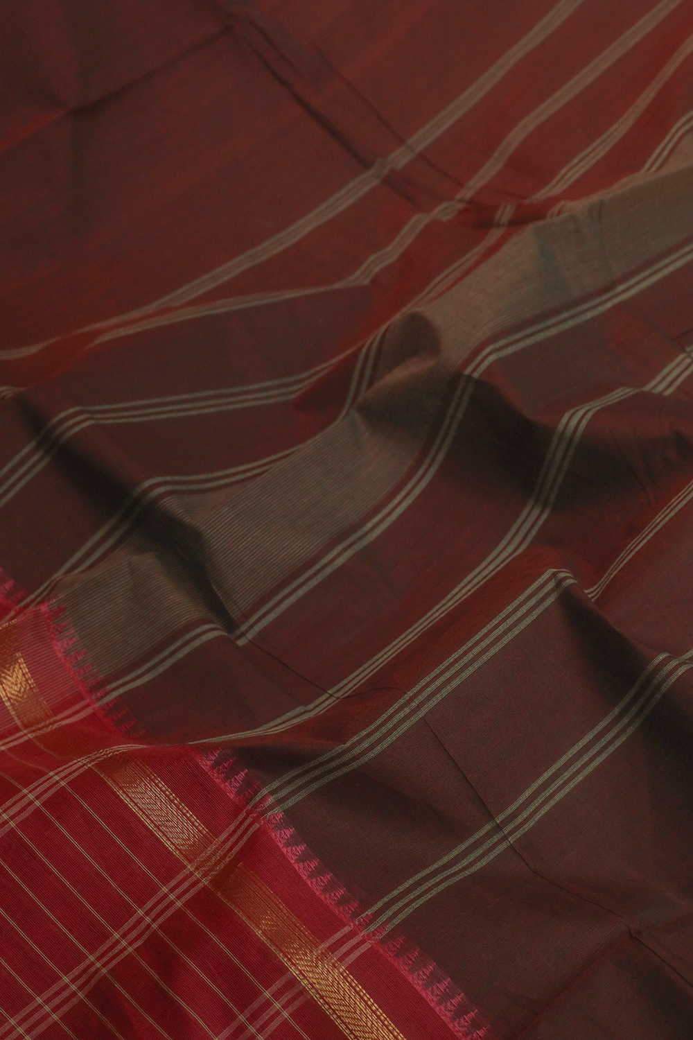 Brown with Checks Border Kanchipuram Cotton saree - Image 3