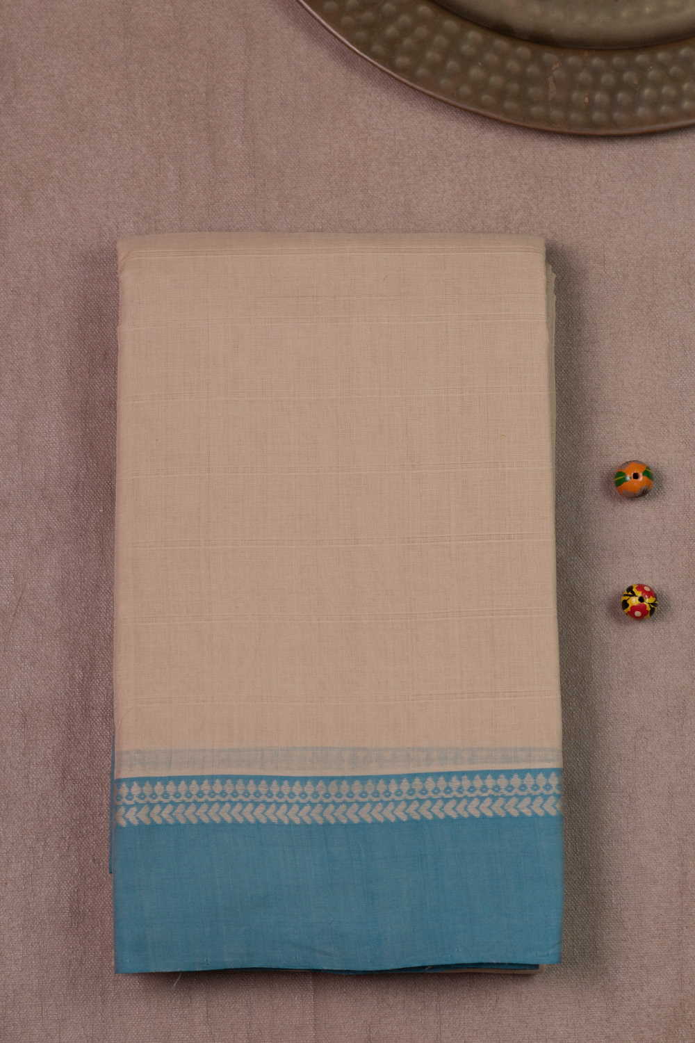 Beige with Blue Border Kanchipuram Cotton saree