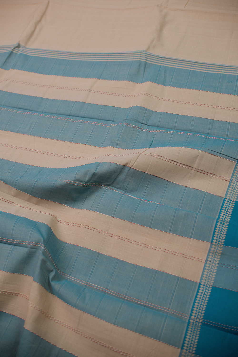 Beige with Blue Border Kanchipuram Cotton saree - Image 3