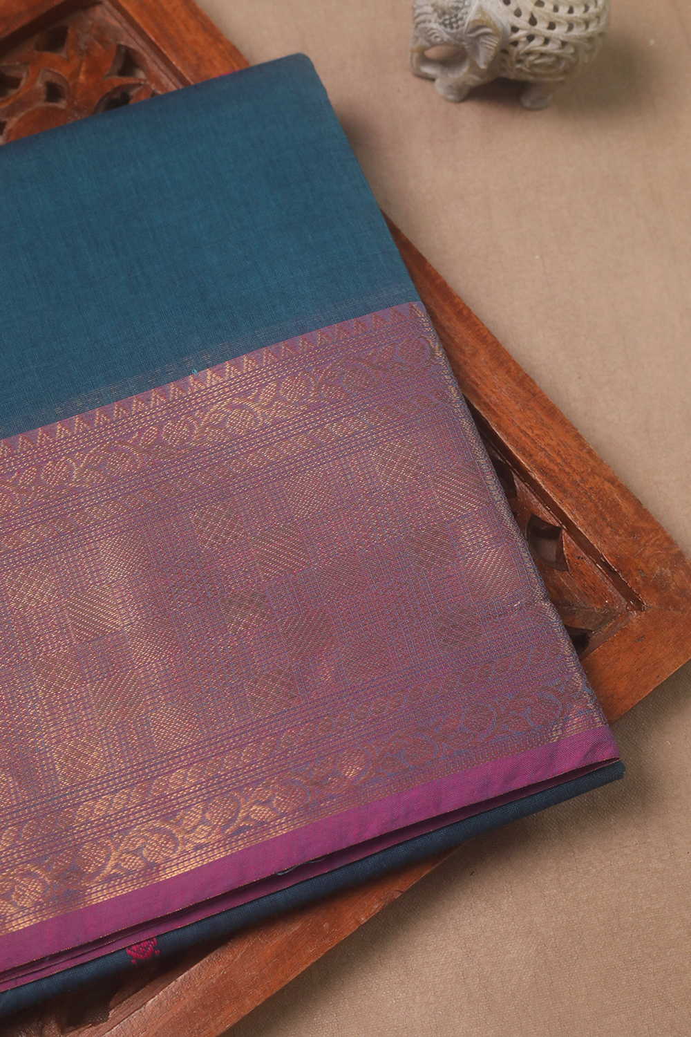 Peacock Blue with Purple Border Kanchipuram Cotton saree