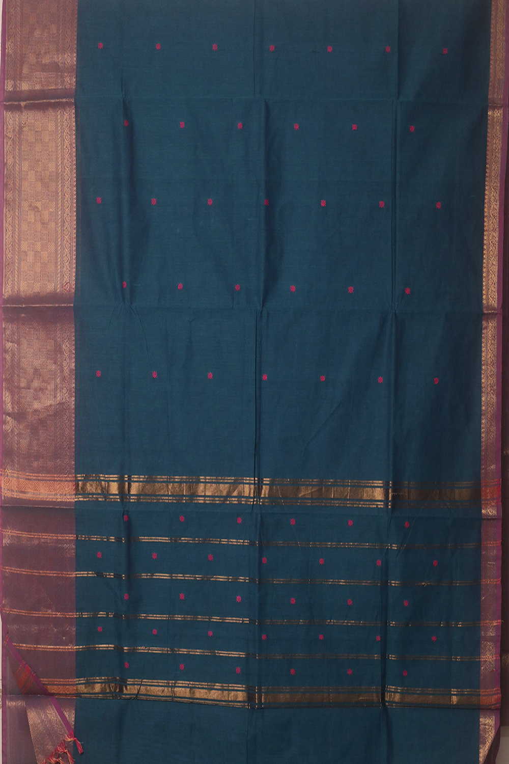 Peacock Blue with Purple Border Kanchipuram Cotton saree - Image 2