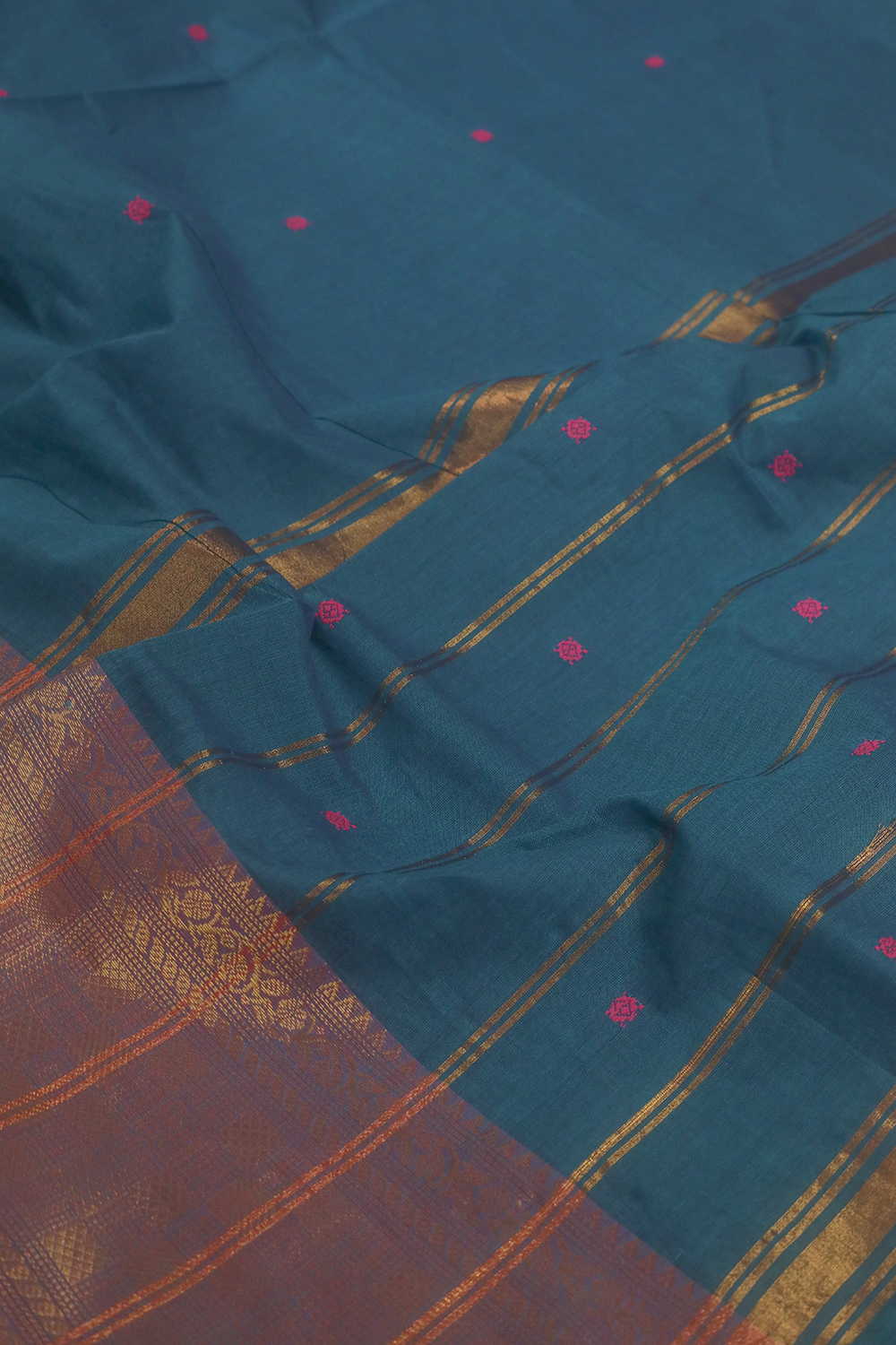 Peacock Blue with Purple Border Kanchipuram Cotton saree - Image 3