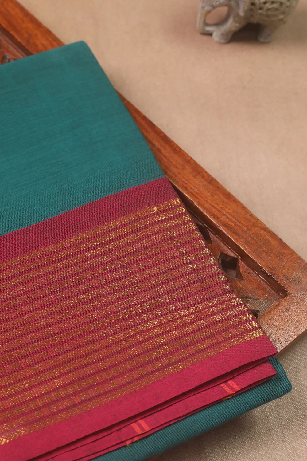 Green with Pink Zari Border Kanchipuram Cotton saree