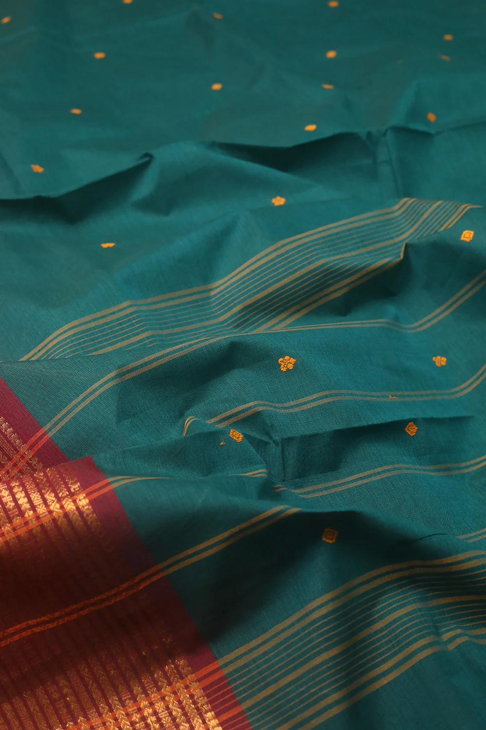 Green with Pink Zari Border Kanchipuram Cotton saree - Image 3
