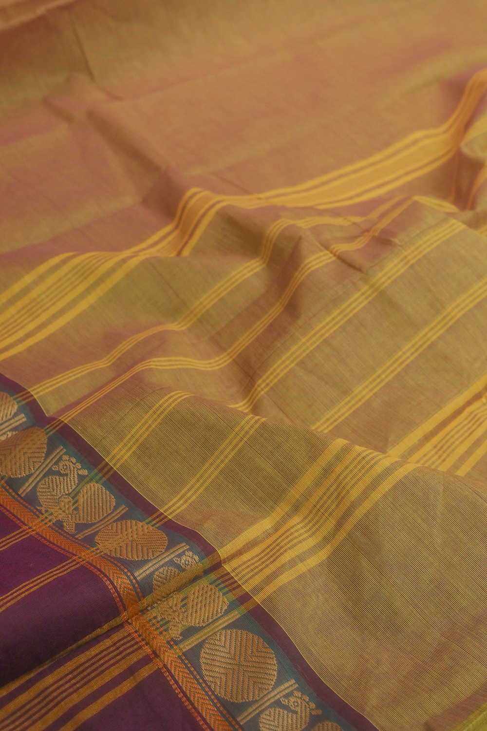 Dual Shaded Yellow Kanchipuram Cotton saree - Image 3
