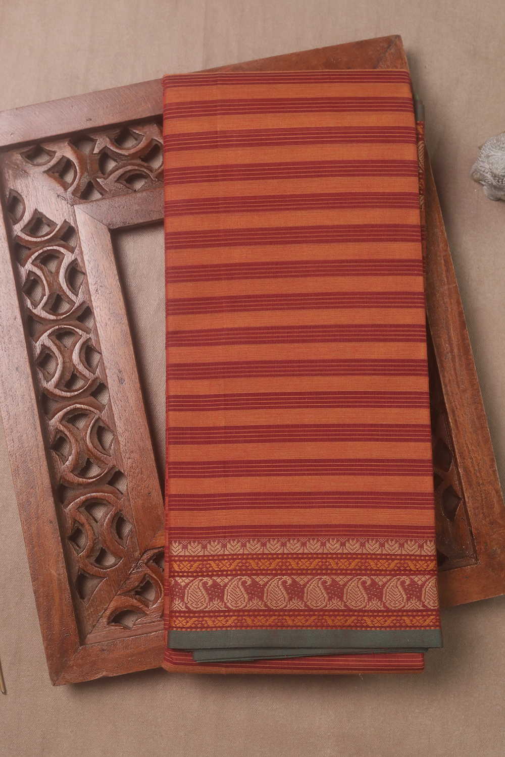 Maroon Stripes on Orange Kanchipuram Cotton saree