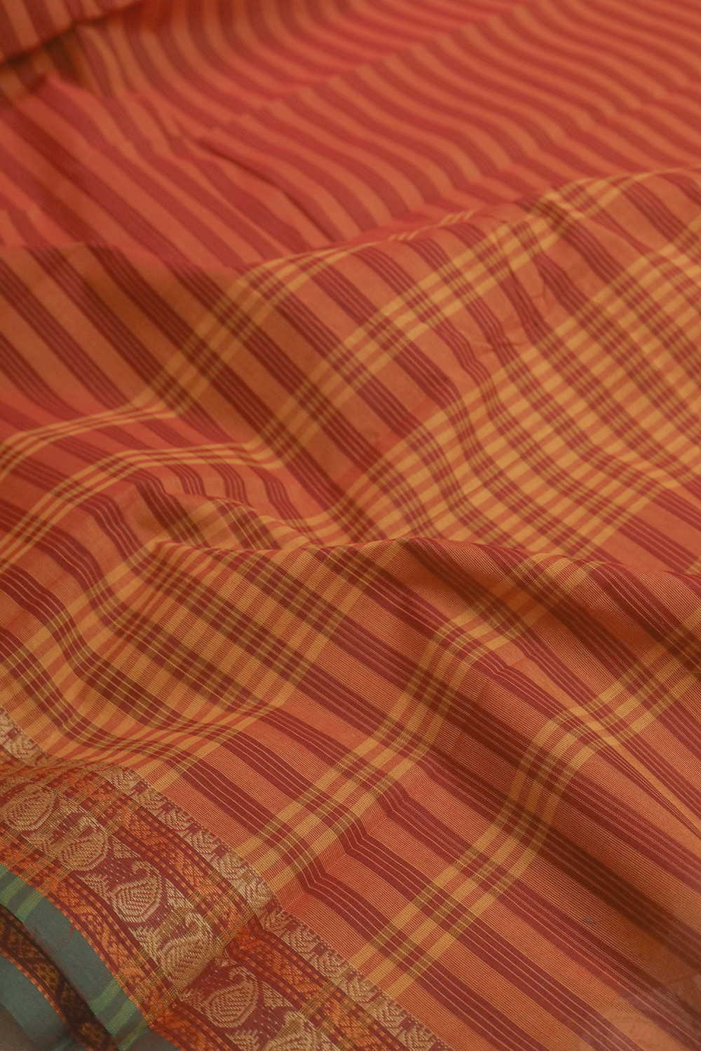 Maroon Stripes on Orange Kanchipuram Cotton saree - Image 3