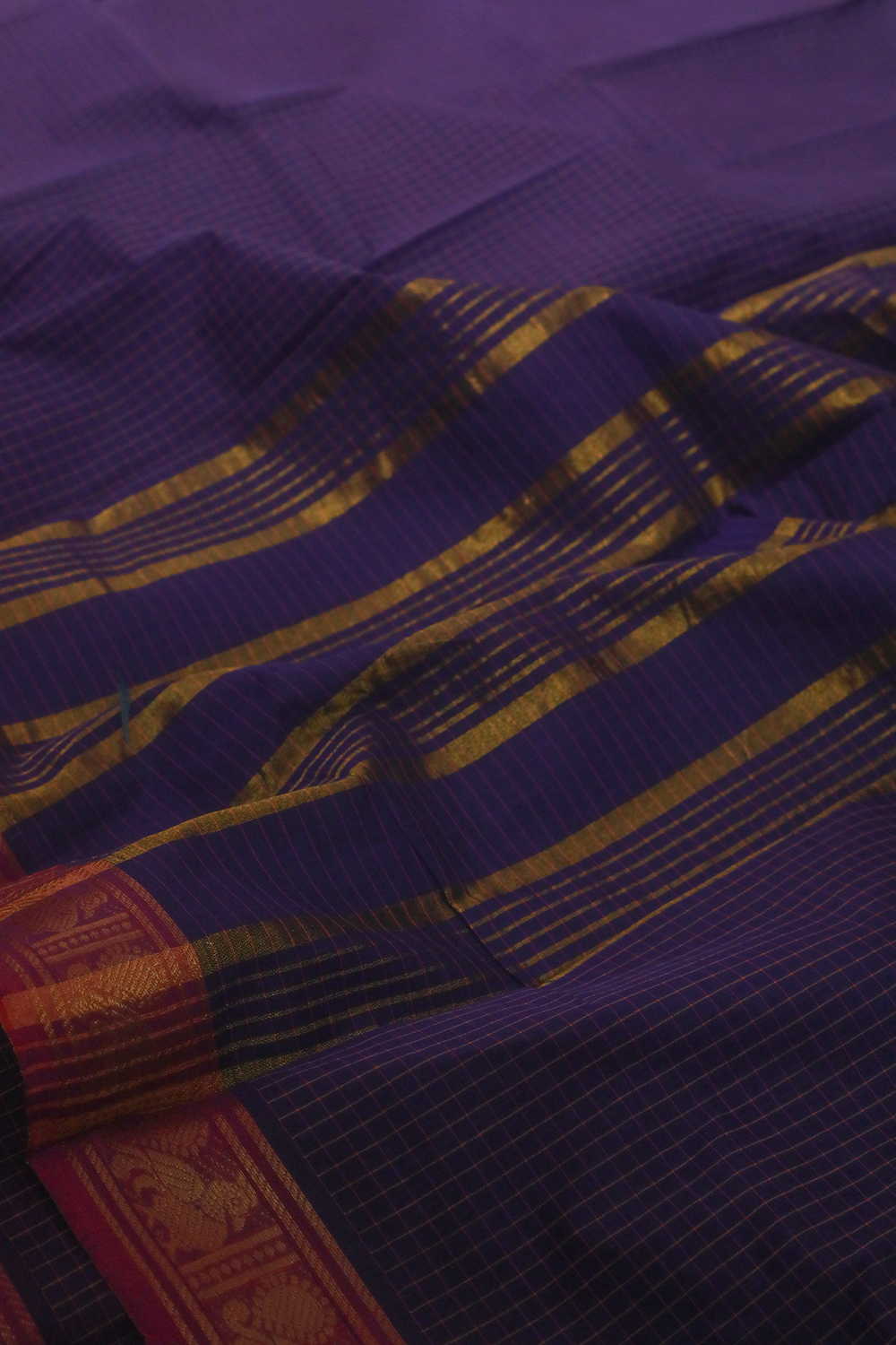 Checks on Violet Kanchipuram Cotton saree - Image 3