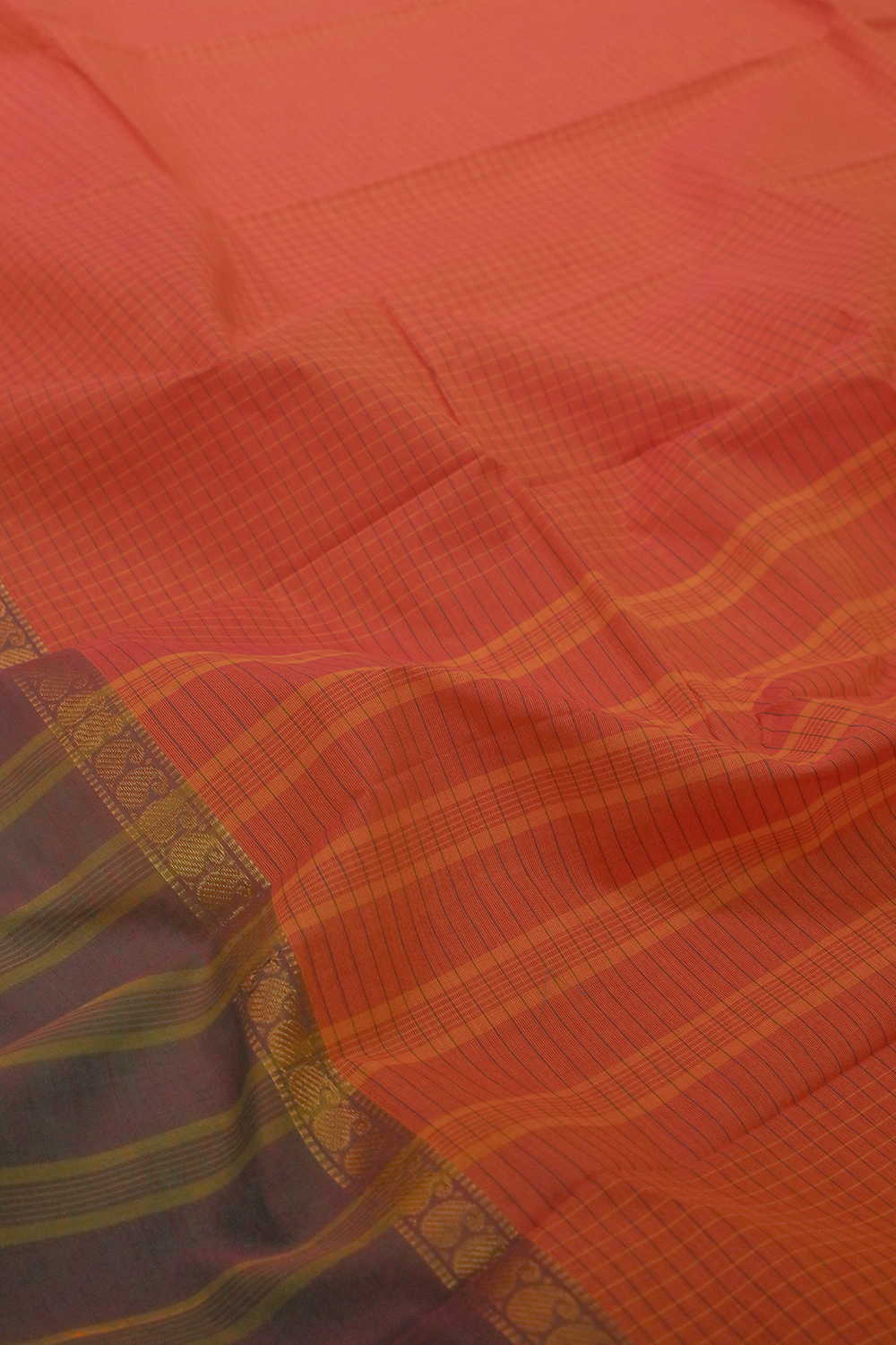 Checks on Orange Kanchipuram Cotton saree - Image 3