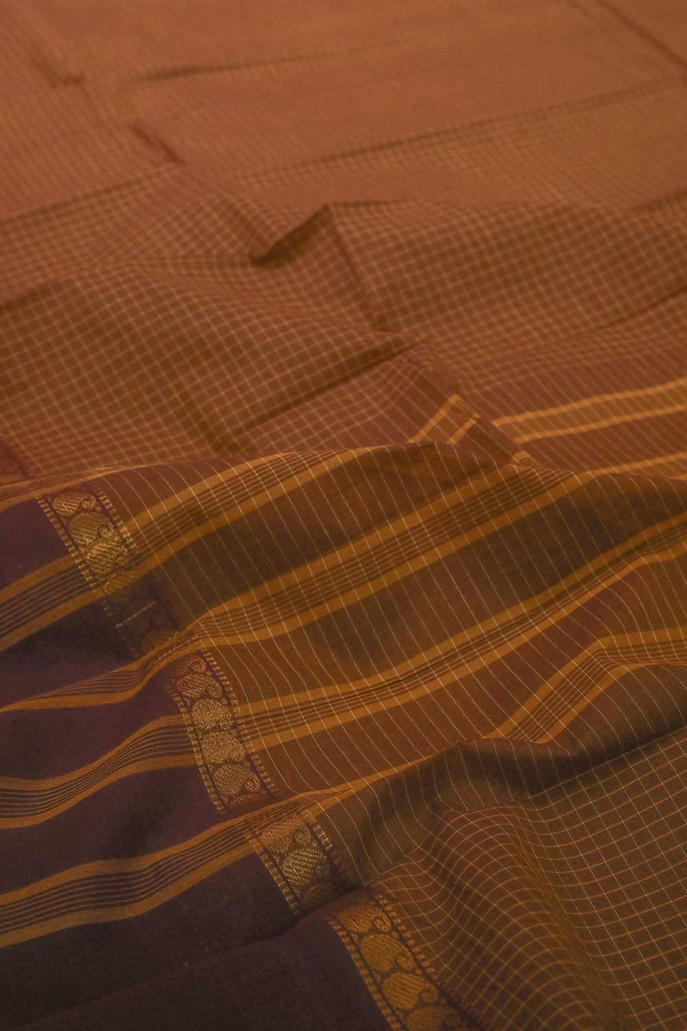 Mini Checks on Brown Kanchipuram Cotton saree - Image 3